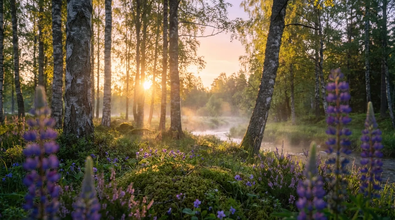 Birkenwald mit Lupinen am nebligen Bach im Sonnenaufgang