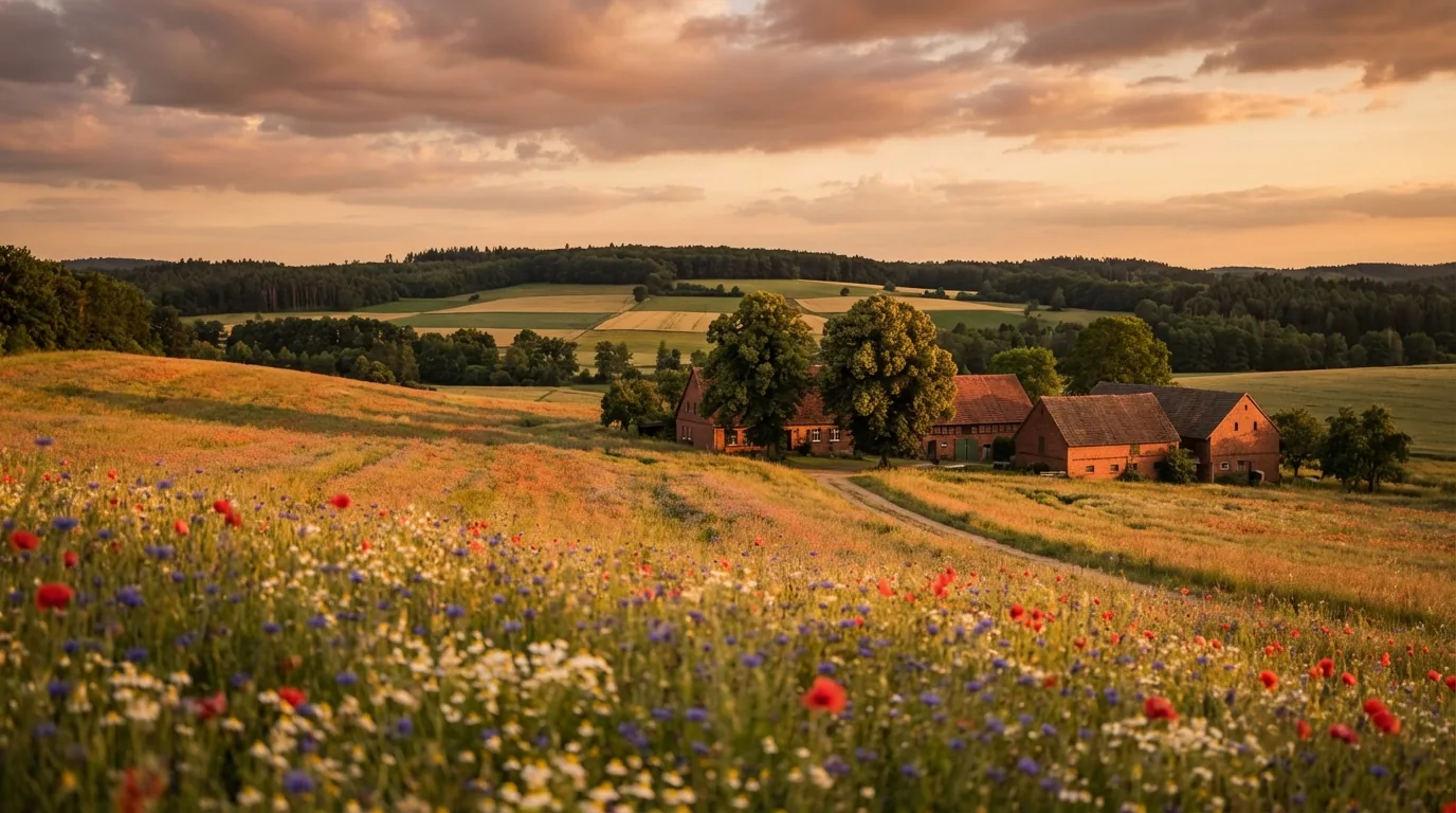 Brandenburgische Wildblumenwiese mit Bauernhof und Mohnblumen im Abendlicht